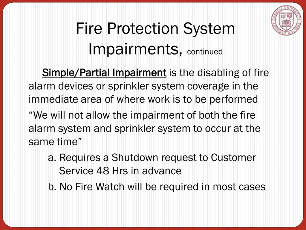 fire protection system impairments continued