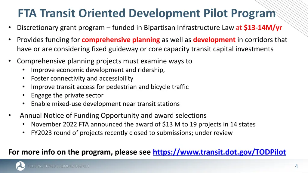 fta transit oriented development pilot program