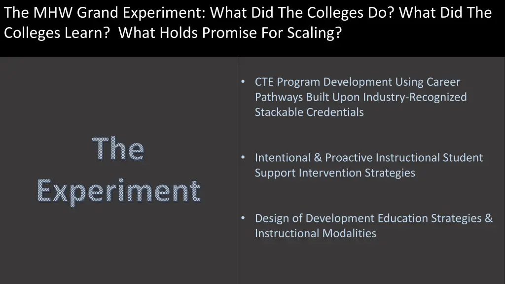the mhw grand experiment what did the colleges