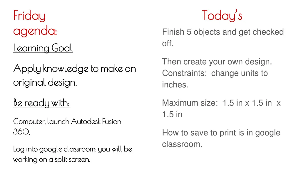 friday friday agenda agenda learning goal