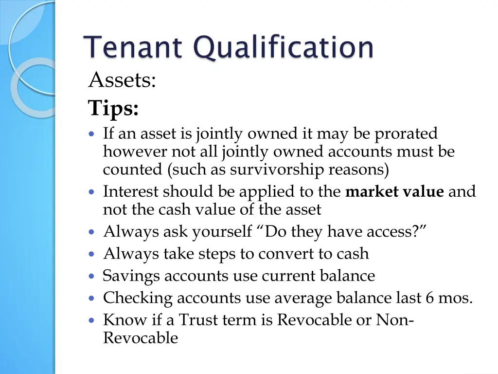 tenant qualification assets tips if an asset