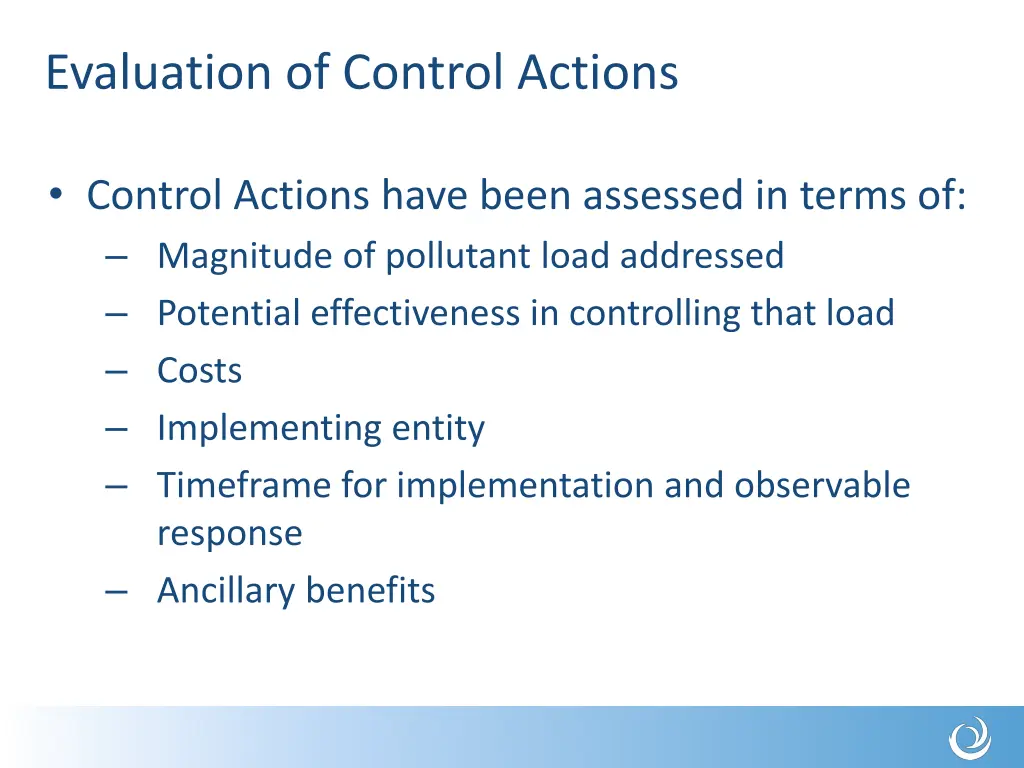 evaluation of control actions
