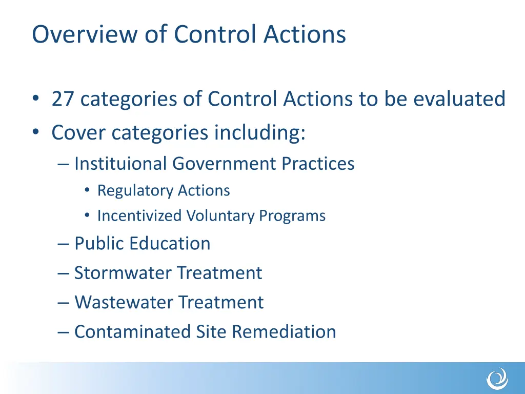 overview of control actions