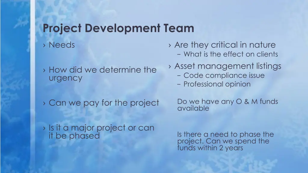 project development team needs