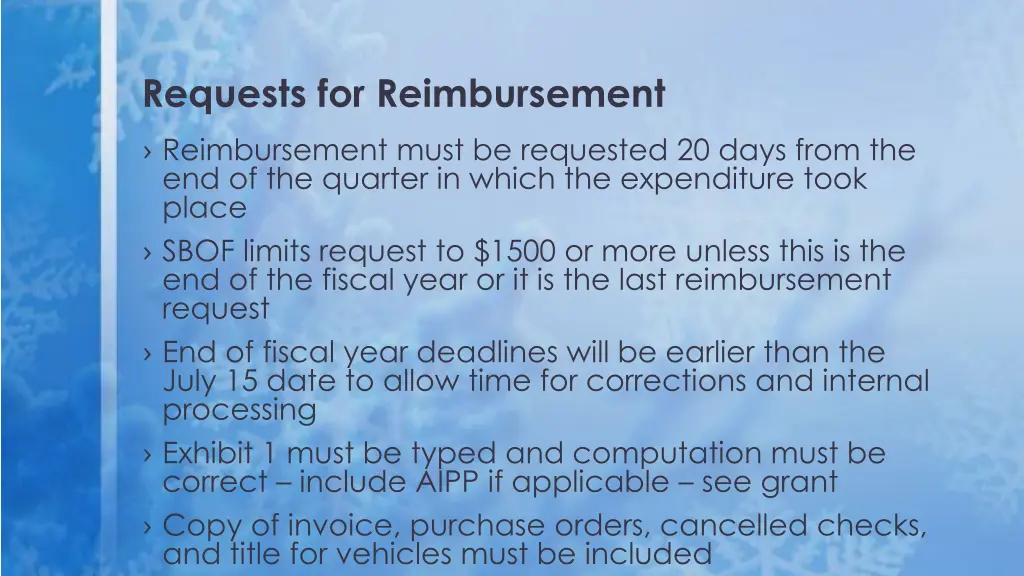 requests for reimbursement reimbursement must