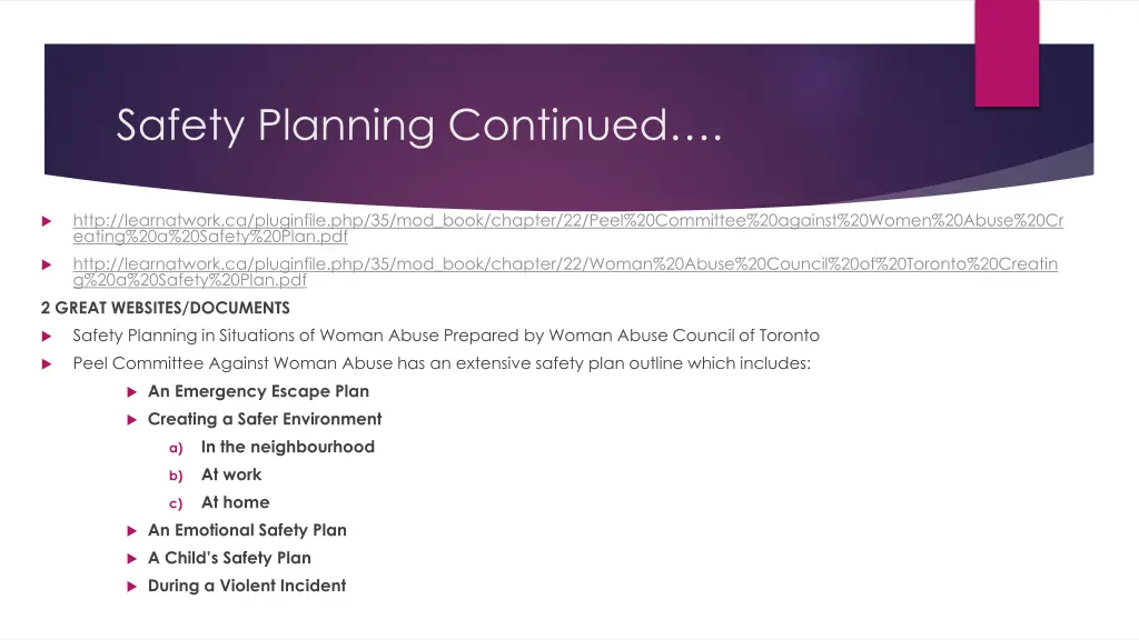 safety planning continued