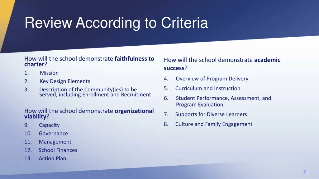 review according to criteria