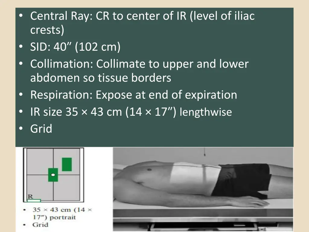 central ray cr to center of ir level of iliac