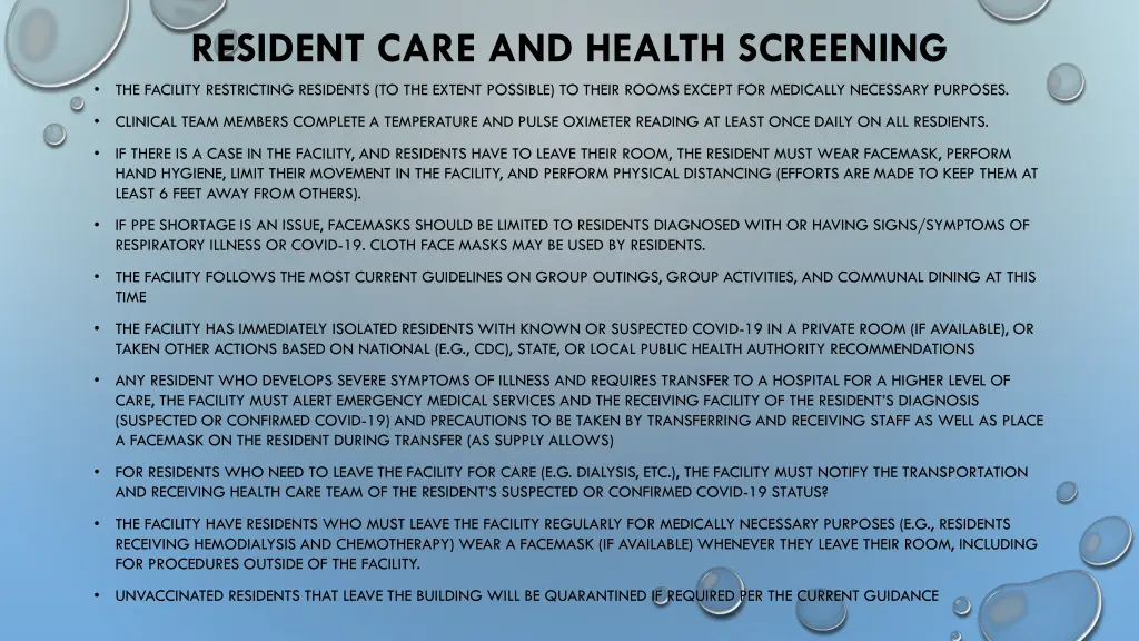 resident care and health screening