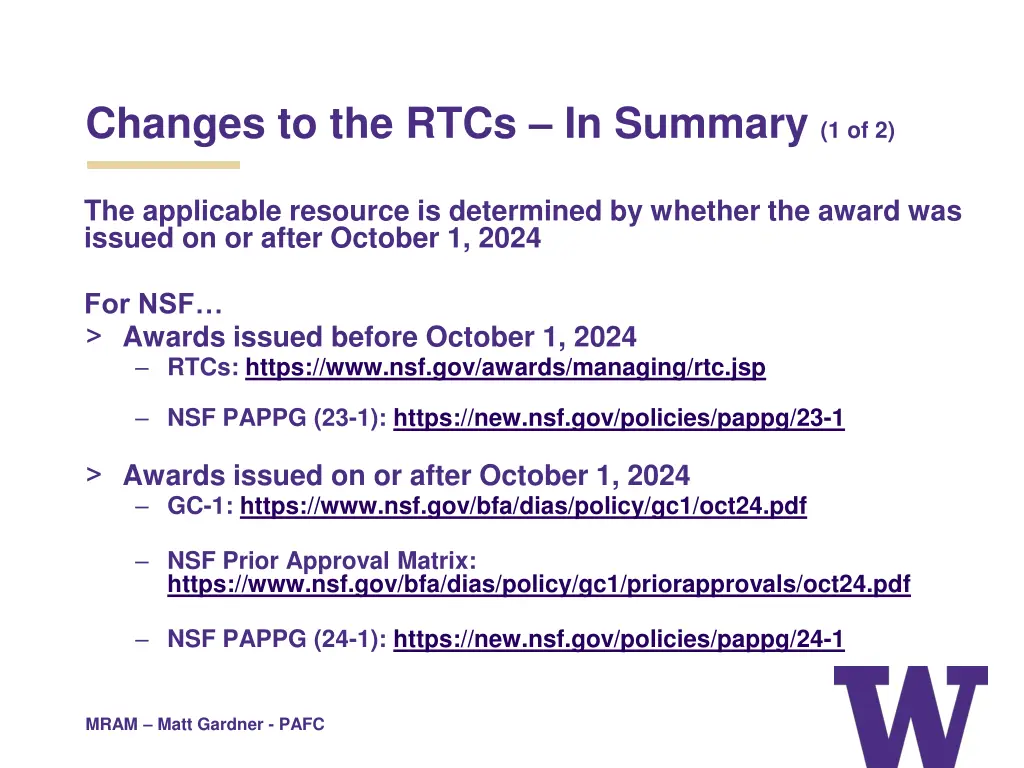 changes to the rtcs in summary 1 of 2