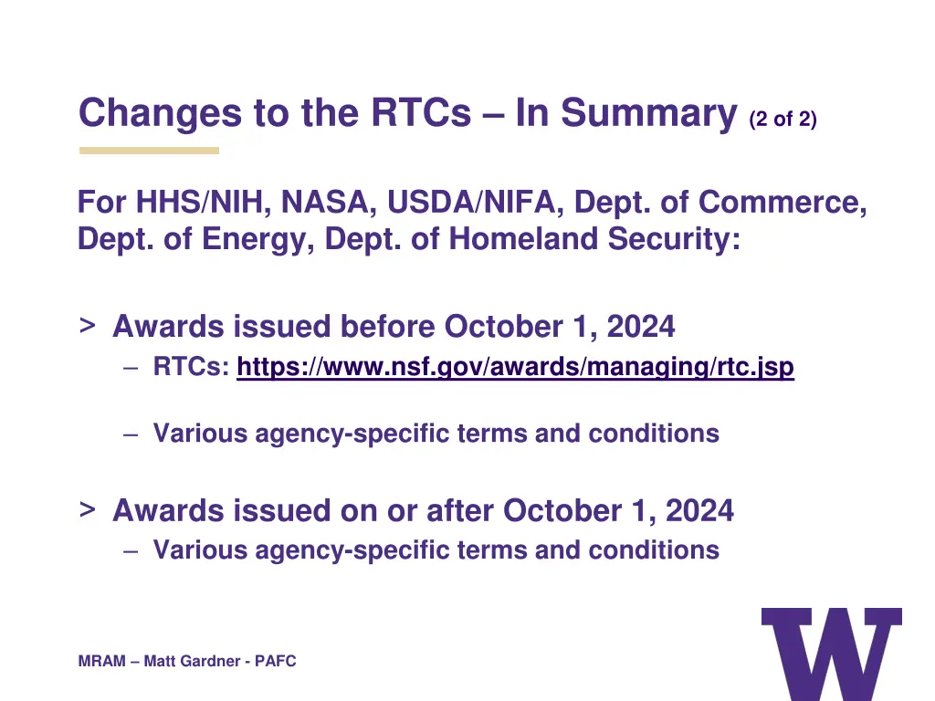 changes to the rtcs in summary 2 of 2