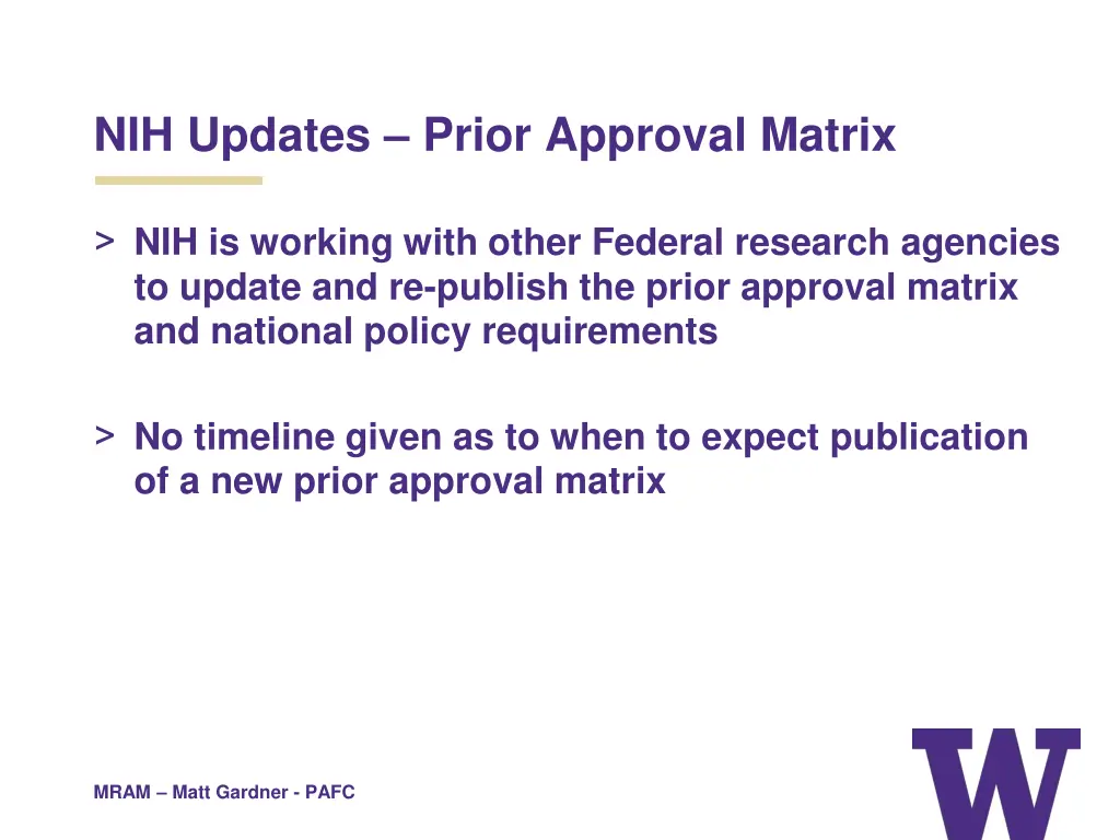 nih updates prior approval matrix