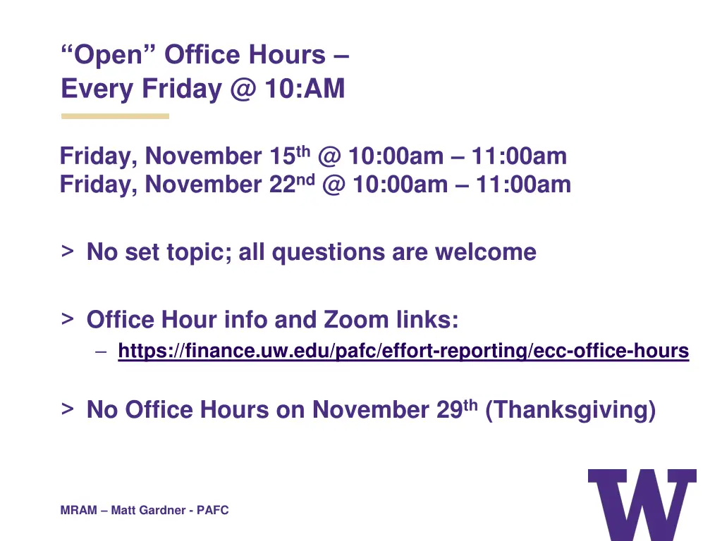 open office hours every friday @ 10 am