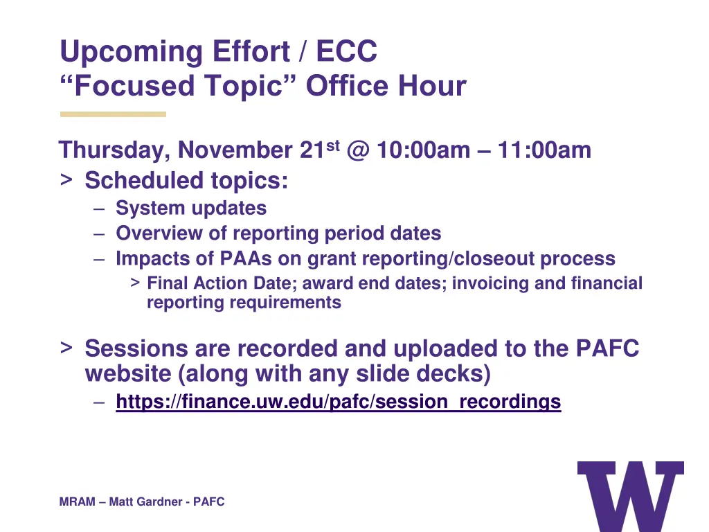 upcoming effort ecc focused topic office hour