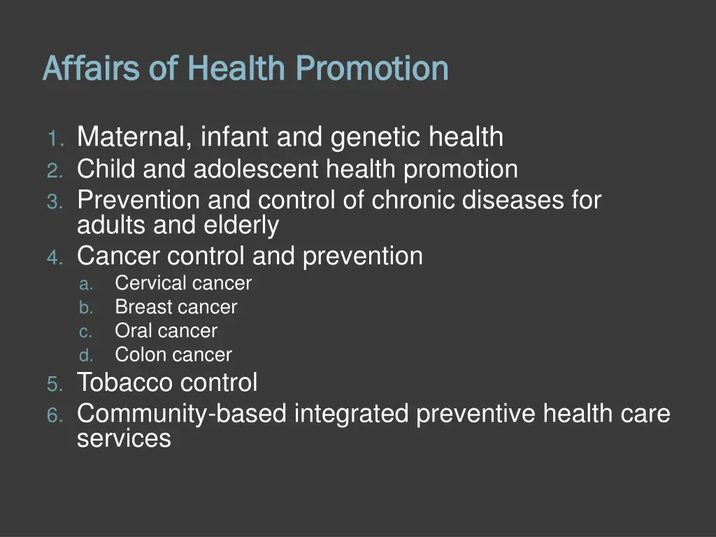 affairs of health promotion affairs of health