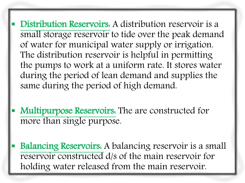 distribution reservoirs small storage reservoir