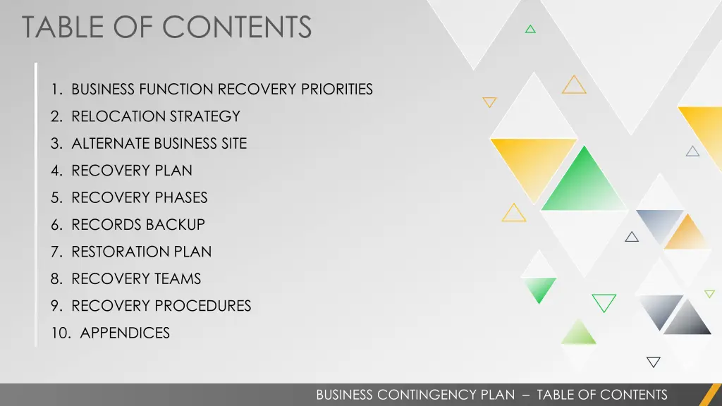 table of contents