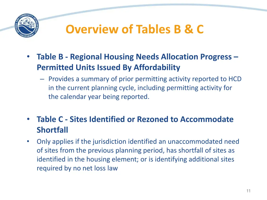 overview of tables b c