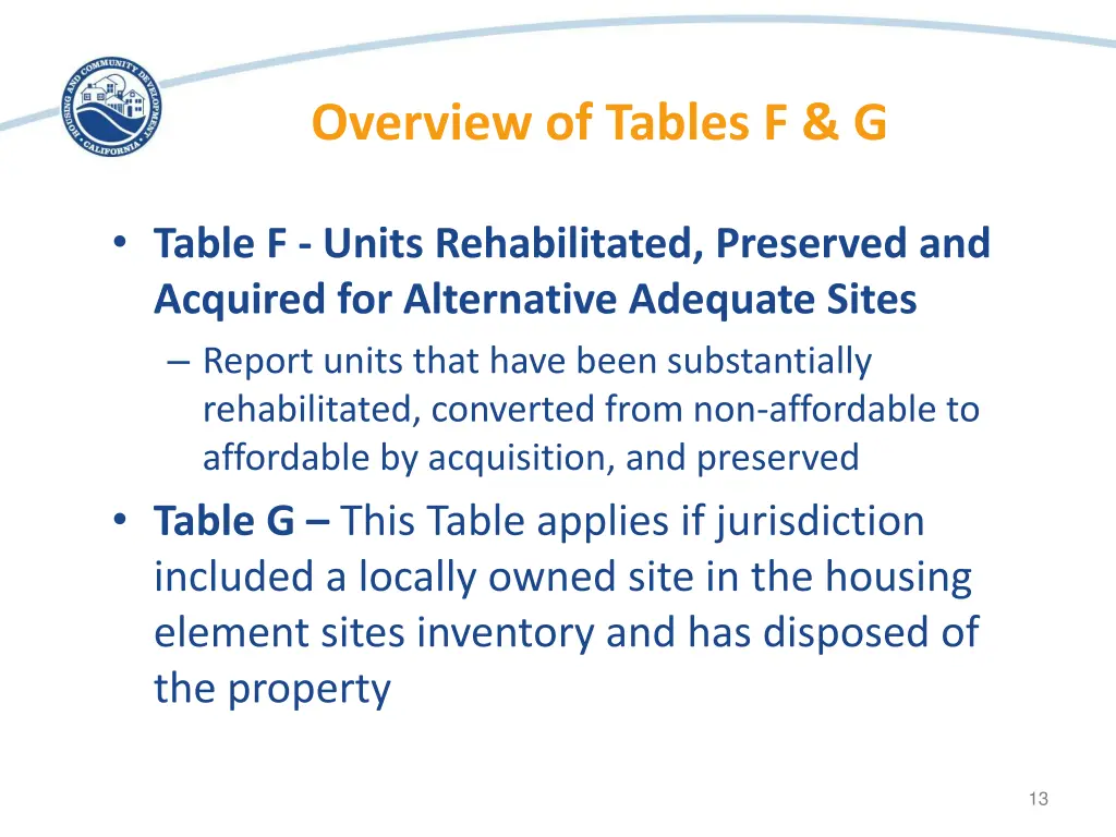 overview of tables f g