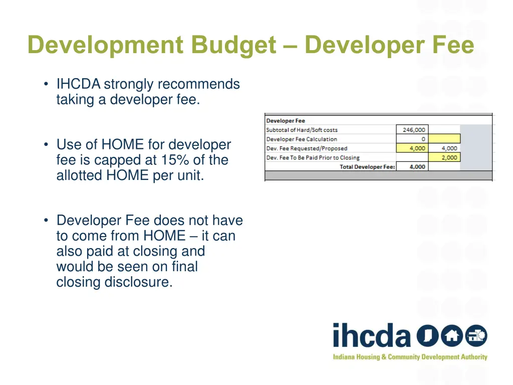 development budget developer fee