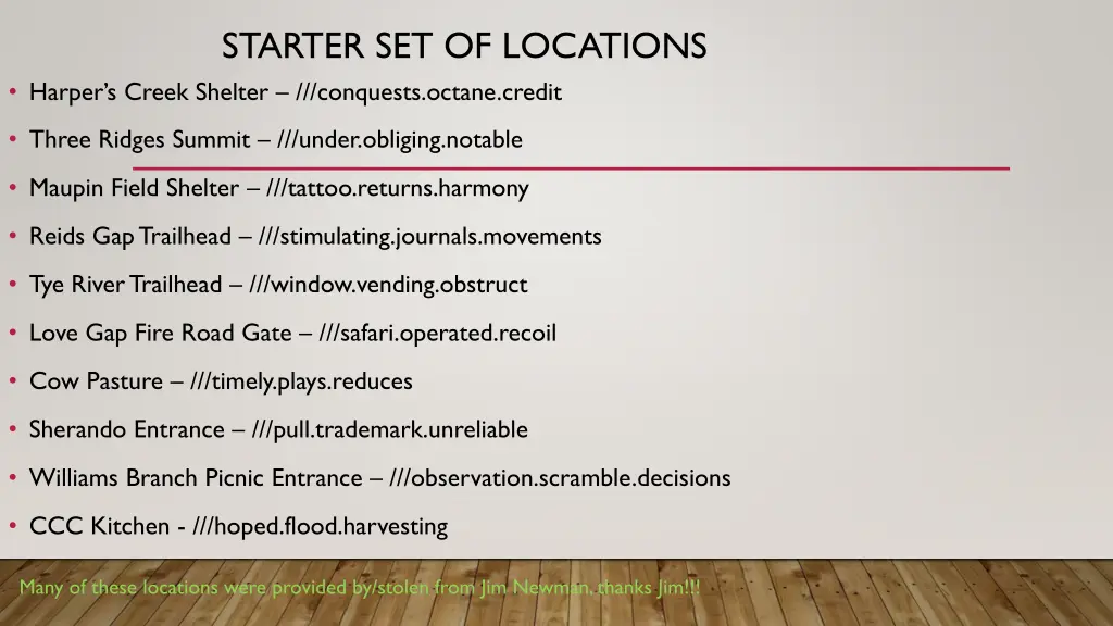 starter set of locations harper s creek shelter