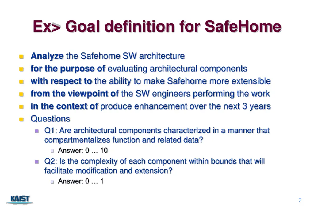 ex goal definition for safehome