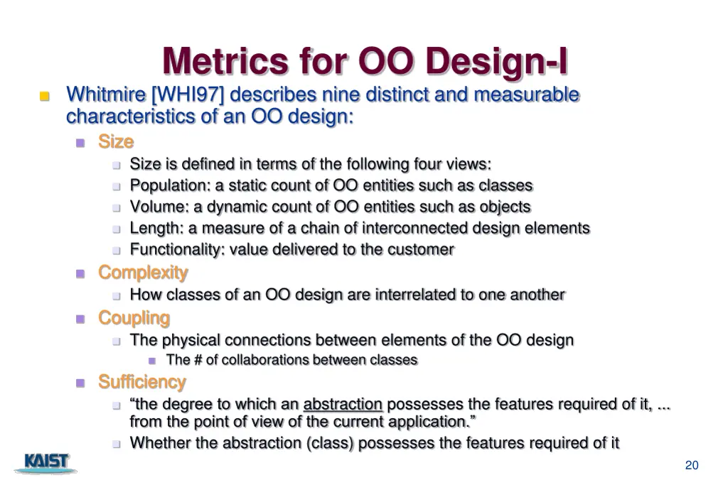metrics for oo design i whitmire whi97 describes