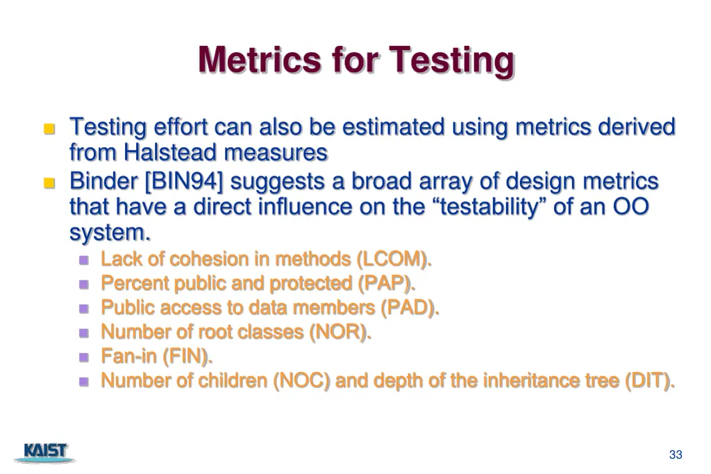 metrics for testing
