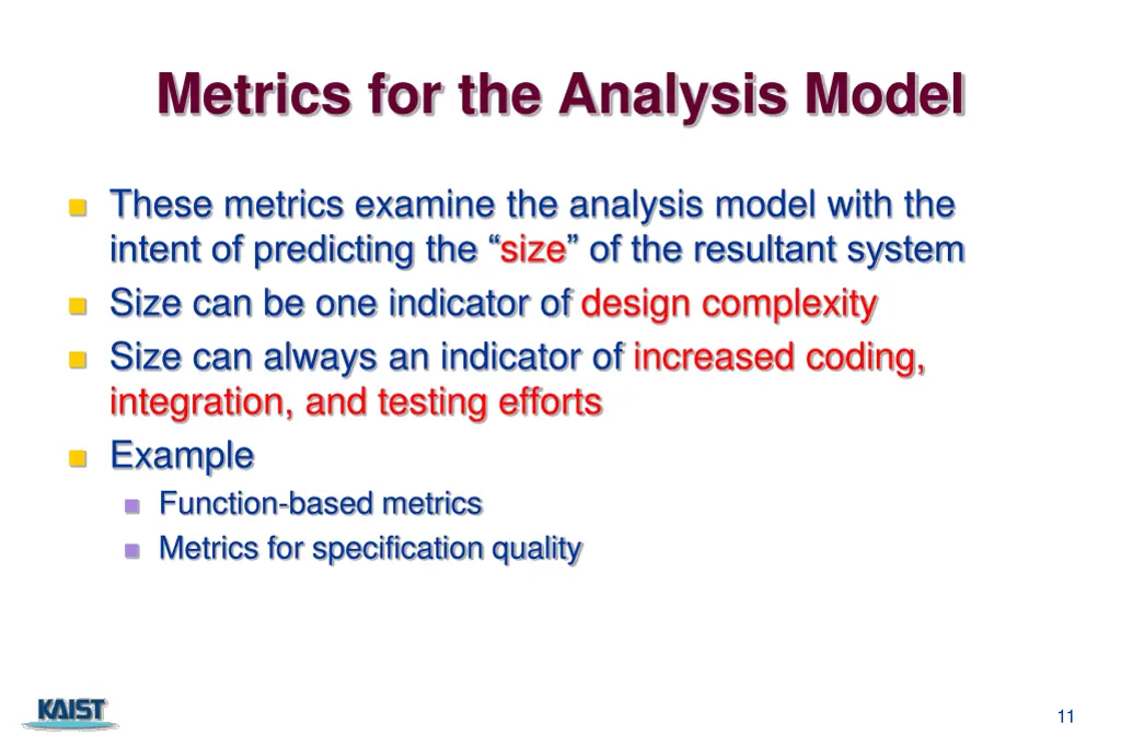 metrics for the analysis model