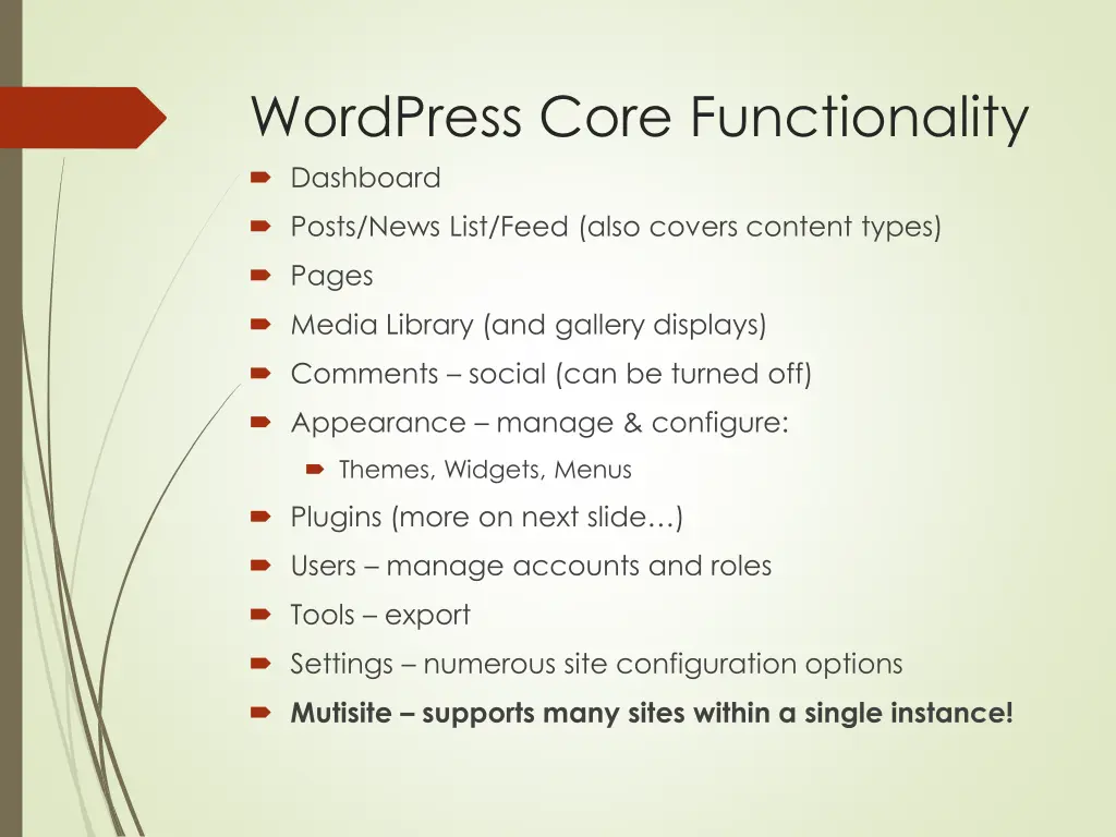 wordpress core functionality dashboard