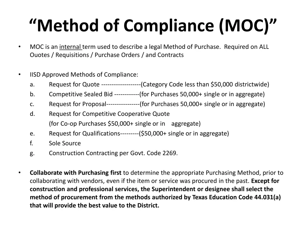 method of compliance moc