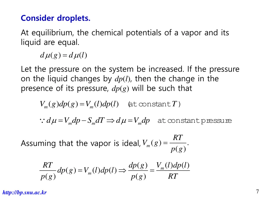 consider droplets at equilibrium the chemical