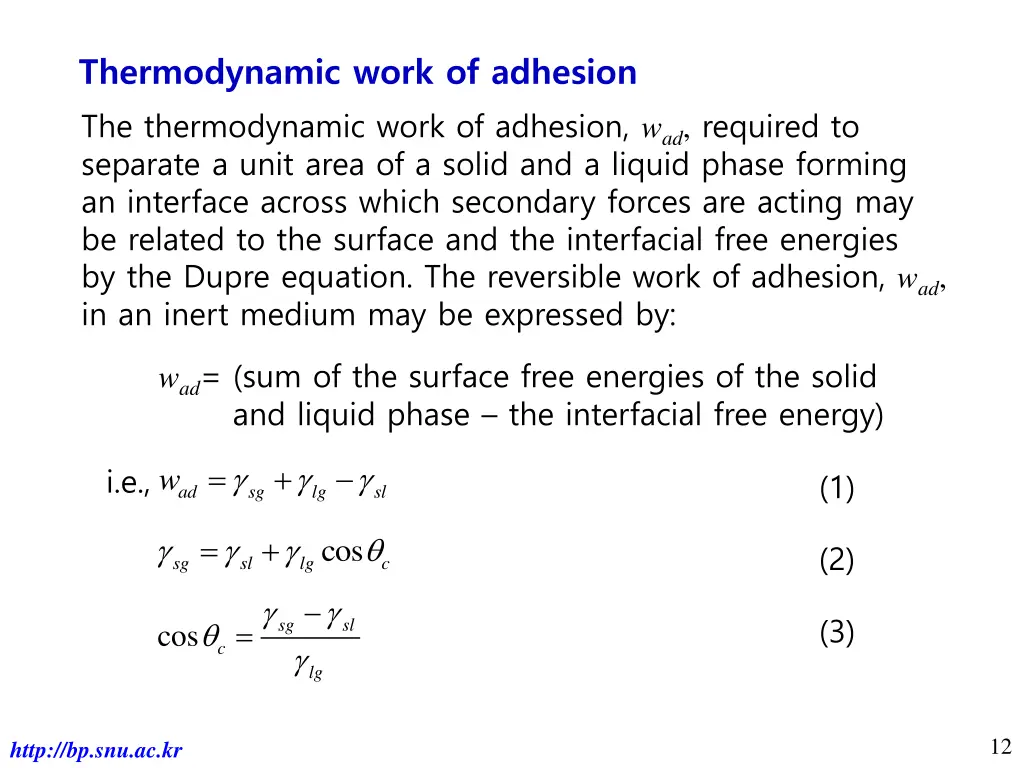 thermodynamic work of adhesion the thermodynamic
