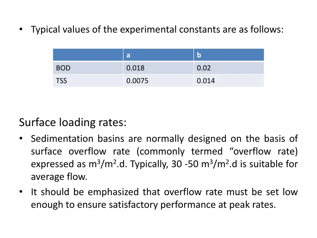 typical values of the experimental constants
