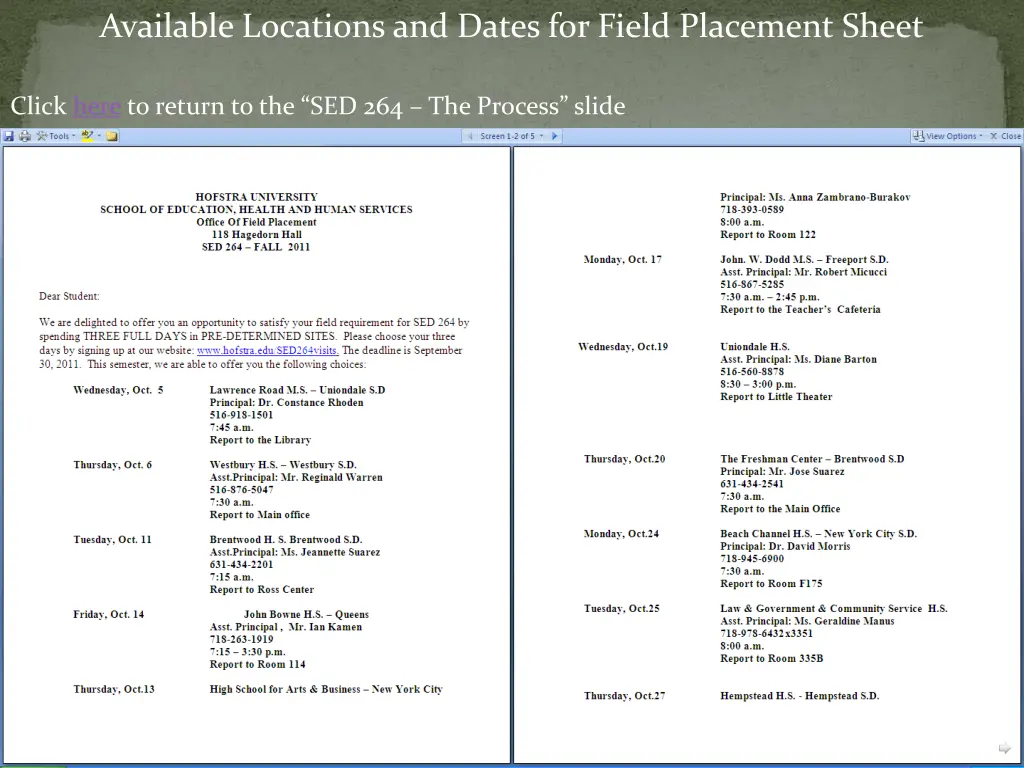 available locations and dates for field placement