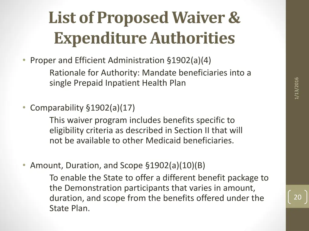 list of proposed waiver expenditure authorities
