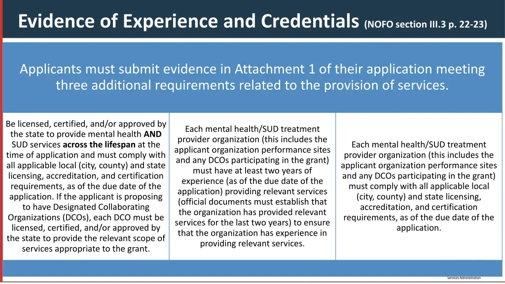 evidence of experience and credentials nofo
