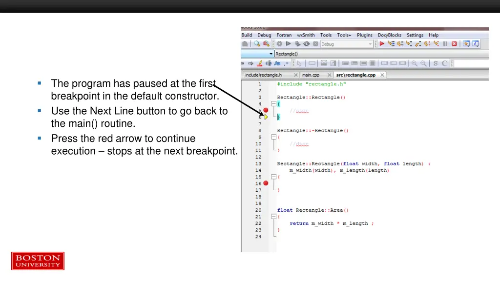 the program has paused at the first breakpoint