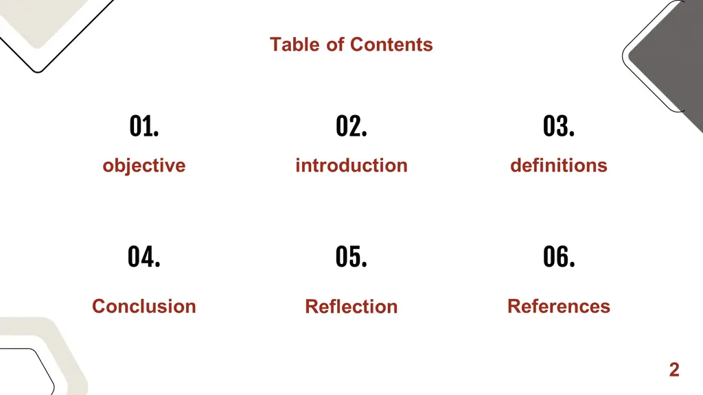 table of contents