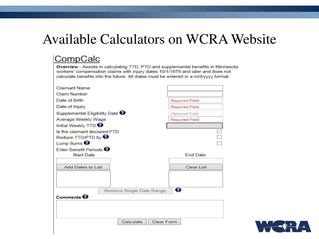 available calculators on wcra website 2