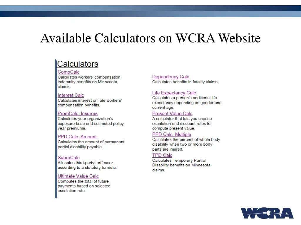 available calculators on wcra website