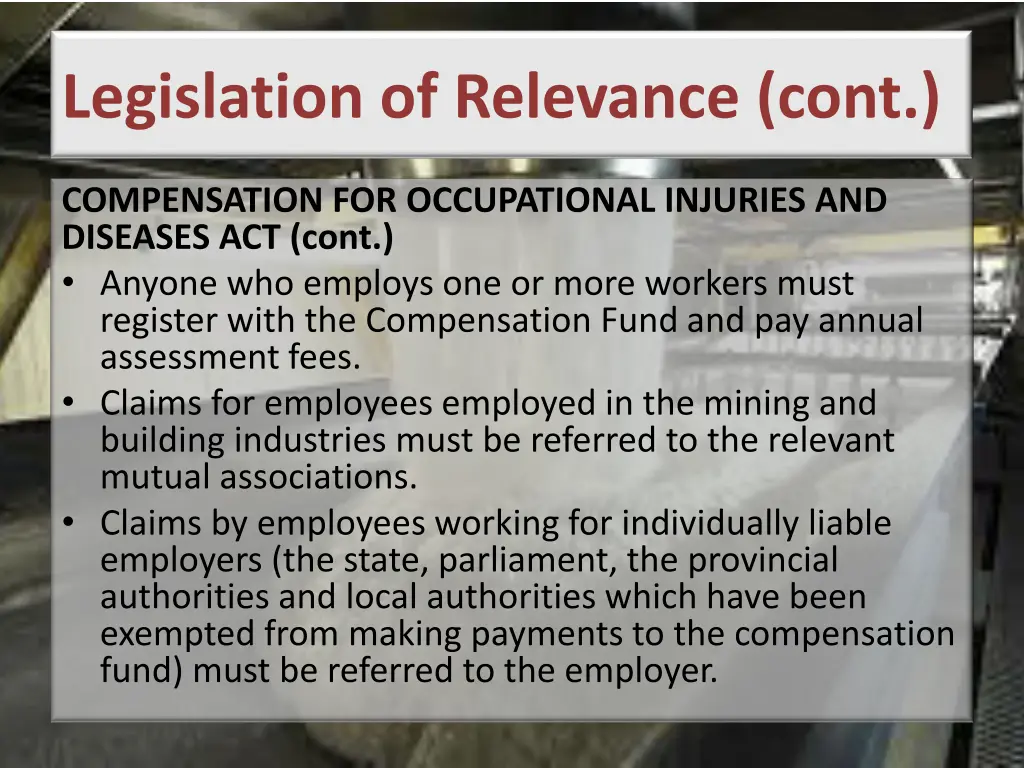 legislation of relevance cont 5