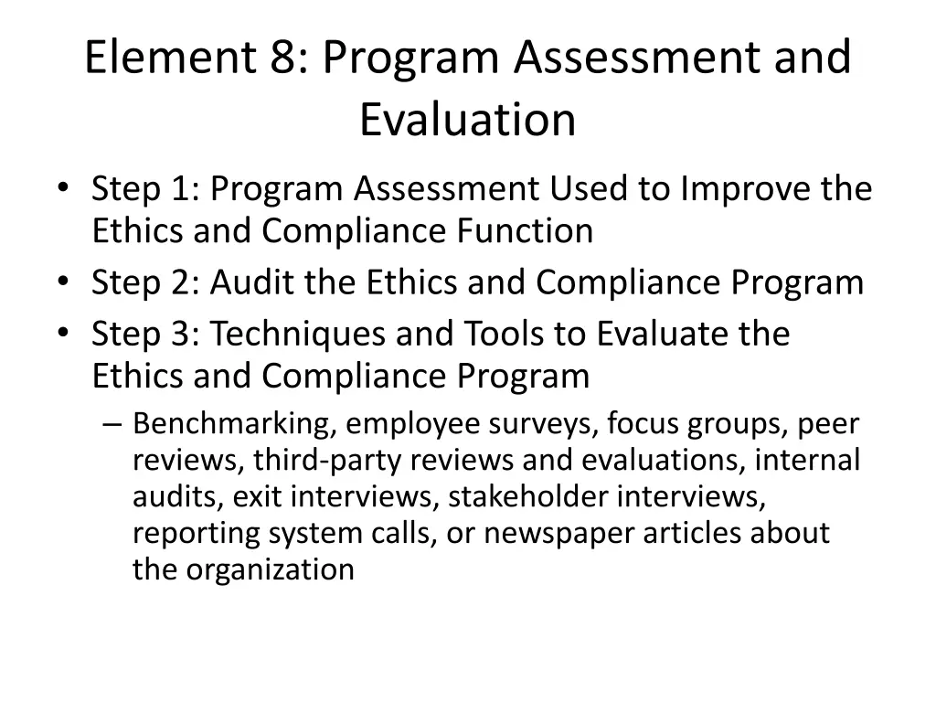 element 8 program assessment and evaluation step