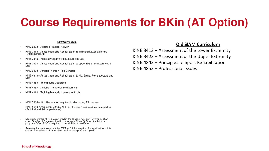 course requirements for bkin at option