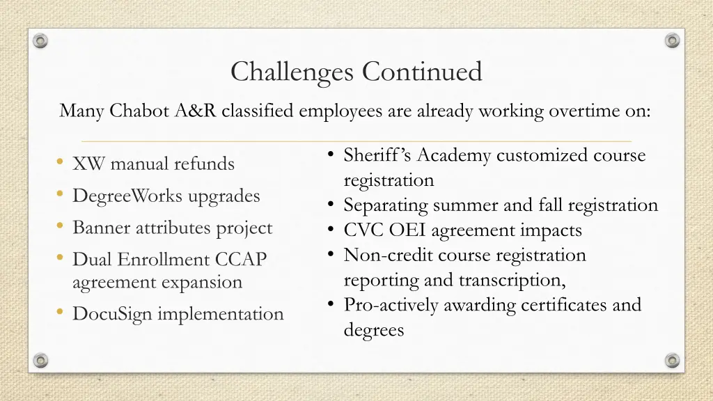 challenges continued