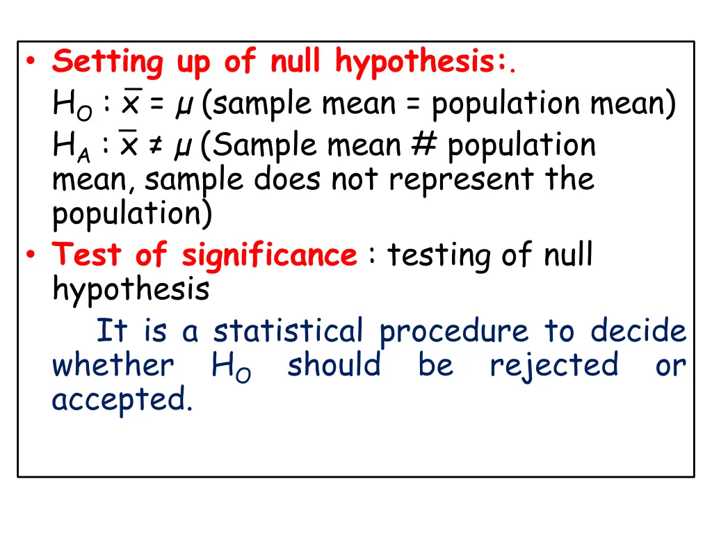 setting up of null hypothesis h o x sample mean