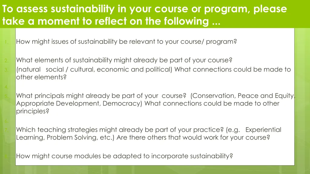 to assess sustainability in your course