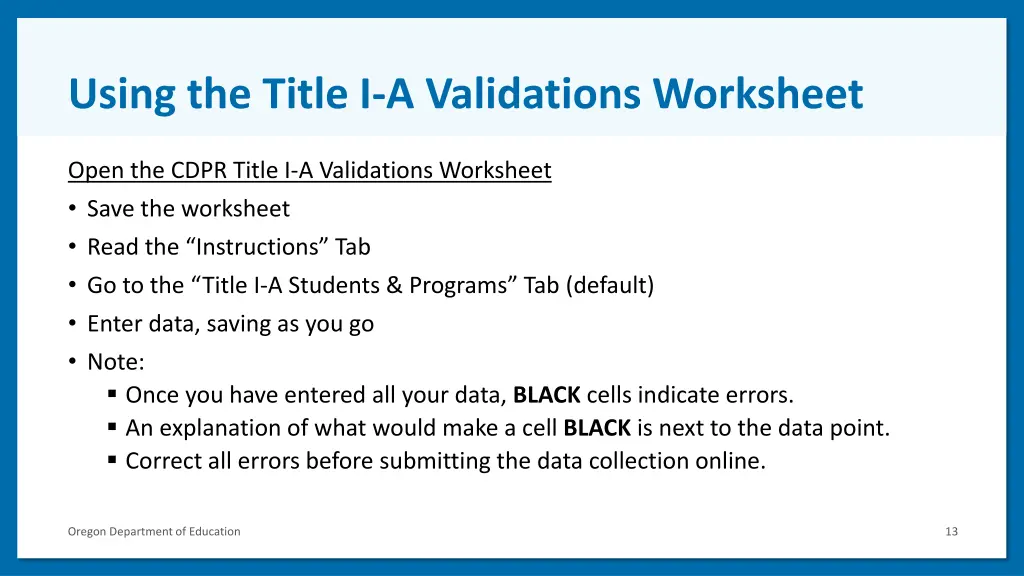 using the title i a validations worksheet