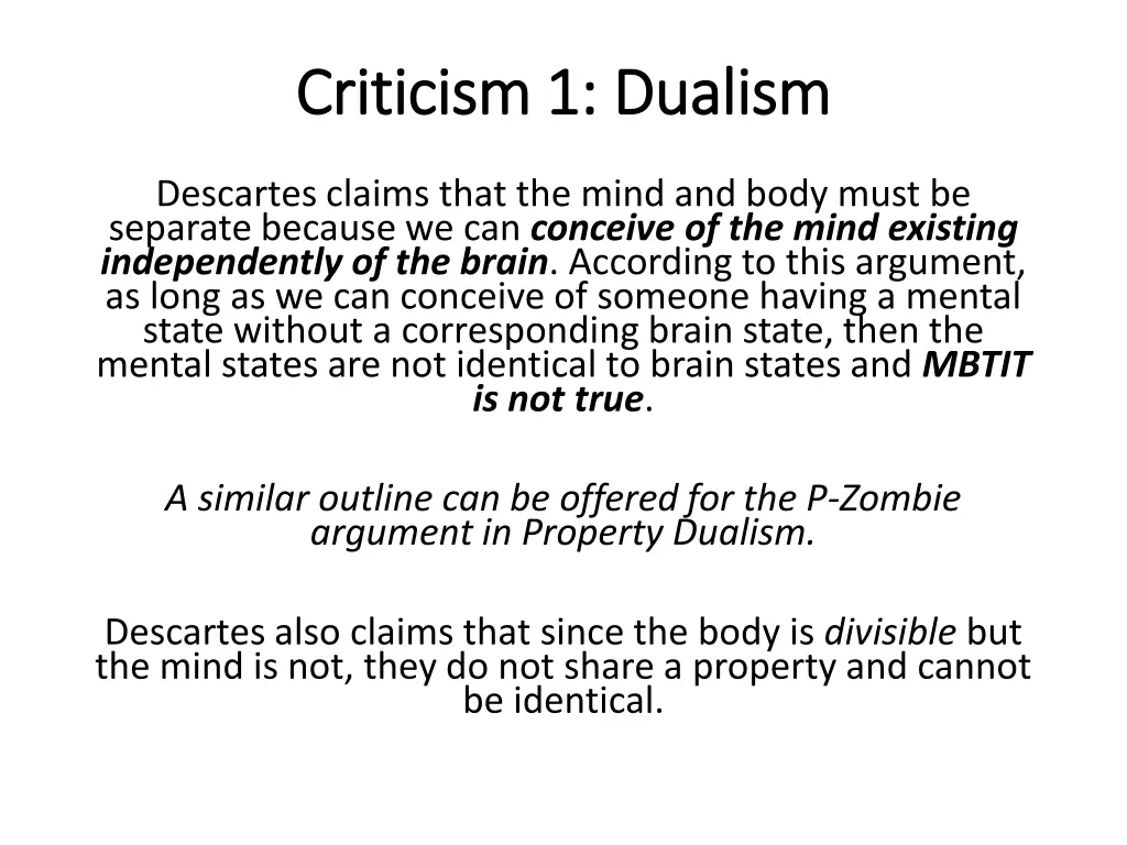 criticism 1 dualism criticism 1 dualism 1