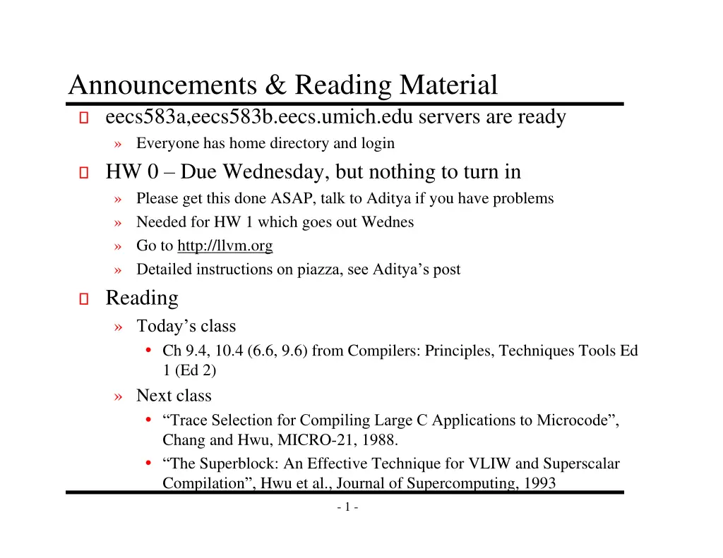 announcements reading material eecs583a eecs583b